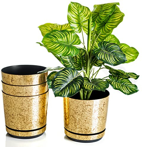 KORAD Ensemble de 4 Pots avec Soucoupe d'un diamètre de 16 cm, Motif 012 - Vieil Or ; Glamour ; Moderne, Haute Brillance, Style Classique, Rustique, loft, pour Plantes, Herbes.