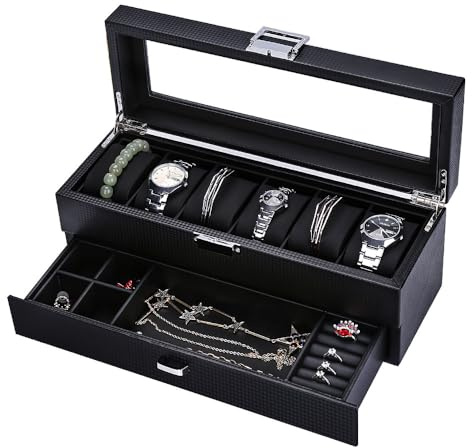 anyasun Uhrenbox aus Leder – Uhrenschatulle für Herren mit 6 Schlitzen, Aufbewahrungsbox mit Schublade, Karbonfaser-Design, Echtglas-Fensterfläche und abschließbar … (6 Fächer mit Schublade)