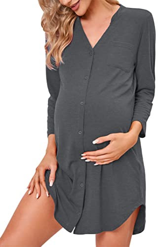 Clearlove Nachthemd Damen Geburt Stillnachthemd 3/4 Ärmel Nachtwäsche Umstandskleidung V-Ausschnitt Sleepwear Gestreift Schlafshirt mit Stillfunktion (Verpackung MEHRWEG), F-Grau, M