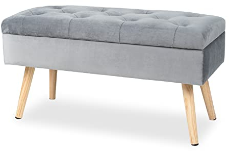 Hawthyhome Sitzbank mit Stauraum 80 × 35 × 43 cm, Sitztruhe mit Aufbewahrungsbox Truhenbank Samt Polsterbank mit Holzbeine für Flur Wohnzimmer Schlafzimmer Grau