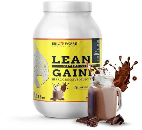 LEAN GAINER +50% Protéines Bi Sources Natives Enrichies en Minéraux, Prise de Masse Progressive, Récupération Optimisée - 1,5kg - Saveur Chocolat - Eric Favre