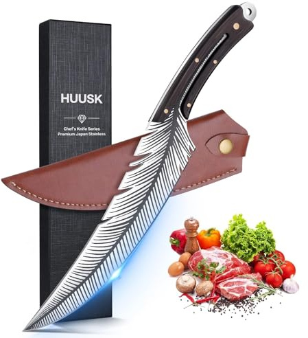 Huusk Japan Knife Feather Knife Hand Forged Viking Knife High Carbon Steel Butcher Knife Boning knife for Meat Cutting Japanese Chef Knives Cooking Knife with Sheath for Kitchen Camping Gift for Dad
