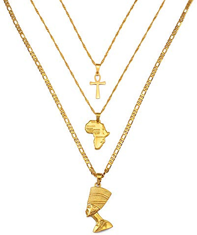 Afrika Karte 3 Stück Halsketten Zusammen Ankh Nofretete Afrika Karte Anhänger Gold/Silber Farbe Geburtstagsfeier Ethnischer Schmuck Wome Afrikanisches Mutterland Mystische Kraft Hip Hop Kultur Urla