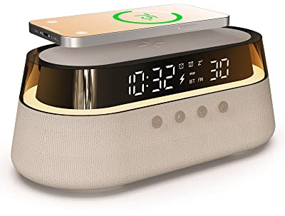 EZVALO Radiowecker mit Ladefunktion, Radiowecker Funkuhr Digital 4 in 1 mit 15W Wireless Charger Qi, 3 Modi RGB Nachtlicht, Bluetooth Lautsprecher 5.0, Geschenke für Frauen Männer