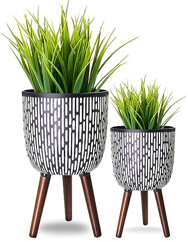 Opnons 2 Set Blumentopf mit Ständer 25,4 & 30,5 cm, Mitte des Jahrhunderts großer Pflanzkübel mit Beinen für Zimmerpflanzen, Boho-Druck, stehender Blumentopf mit Ablaufstopfen für Monstera, Kräuter,