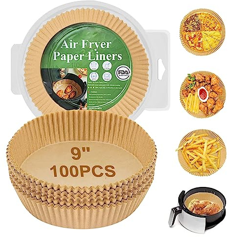 Air Fryer Liners Disposable Paper,100Pcs Parchment Paper Liners,Non Stick Airfryer Paper Liners,Food Grade Air Fryer Accessories WaterProof OilProof for Microwave Oven Steamer 9inch Square
