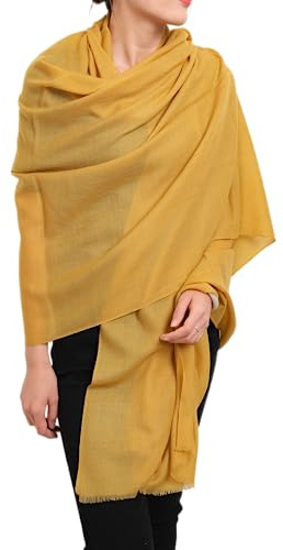 Prettystern Estola de señora extragrande suave y fina XXL pashmina bufanda 100% lana chal pañuelo al hombro bufanda de lana amarillo mostaza