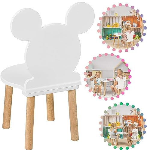 PlayPals Kinderstuhl Holz, Kinder Kids Chair, Holzstuhl Klein, Weiß - Maus, Kinderzimmer Möbel 60x 32x 32cm cm und Einer Sitzhöhe von 27 cm, für EIN ab 2-7 Jahre