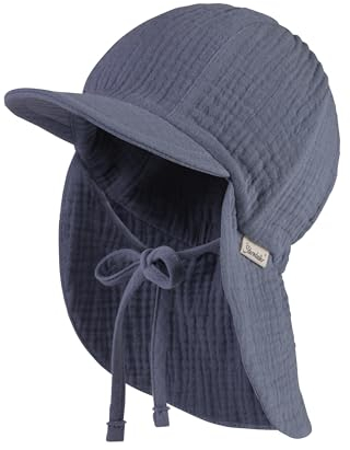 Sterntaler Schirmmütze Nacken Musselin - Unisex Mütze aus Baumwoll Musselin (Bio) - UV-Schutz 50+ Sonnenhut mit Nackenschutz - Baby- und Kinder Sommer Kopfbedeckung zum Binden - graublau, Größe 47