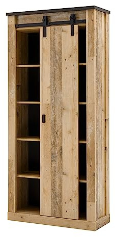 Aktenschrank Büroschrank Holz Used Wood hell und schwarz/anthrazit Büro Regalschrank mit Metall Schiebetürbeschlag im Industrial Stil Mehrzweckschrank Stauraumschrank Hochschrank 93 x 201 cm Stove