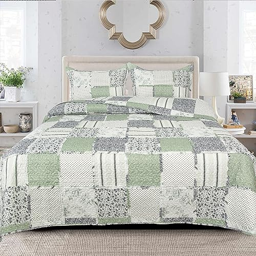 Rugs Inn Quilted Bedspread Bed Throw Super King Size 3 Piece Bedding Sets with Matching 2 Pillow Cases - Vintage Look Floral Pattern Lightweight Patchwork Bedspread Throw- OLIVE (Des 1)