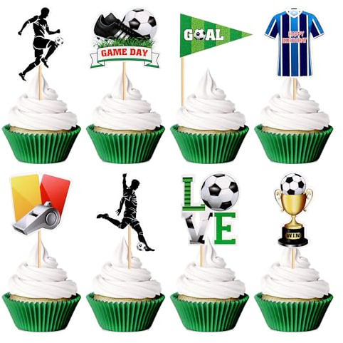 Blumomon 24 Stück Fußball-Cupcake-Aufsätze, schwarz, Glitzer, Fußball-Cupcake-Topper, Sportthema, Cupcake-Picks für Fußball-Party, Dekoration, Babyparty, Kuchendekoration