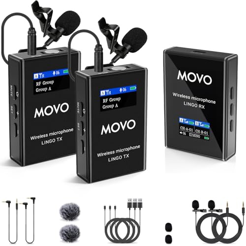 Movo Lingo-Duo - Sistema de micrófono Lavalier inalámbrico UHF de 48 canales para cámara, micrófono Lav compatible con cámaras Canon EOS, Nikon y Sony DSLR para hacer películas, vlogging, entrevistas,