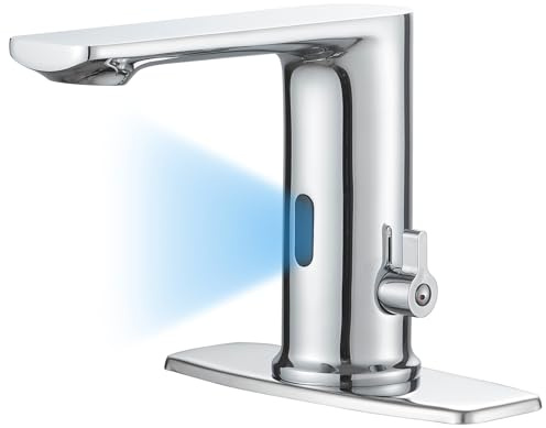 Bathfinesse Touchless Bathroom Sink Faucet, Single Handle Temperature Adjustment, Hands-Free Commercial Motion Sensor Faucet, Electronic Infrared Smart, Solid Brass, Polishe Chrome