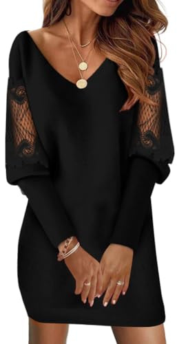Minetom Robe Pull Femme Col V Dentelle Ample Long Pullover Tricot Robe De Noël À Manche Longue Robe De Soirée E3 Noir L