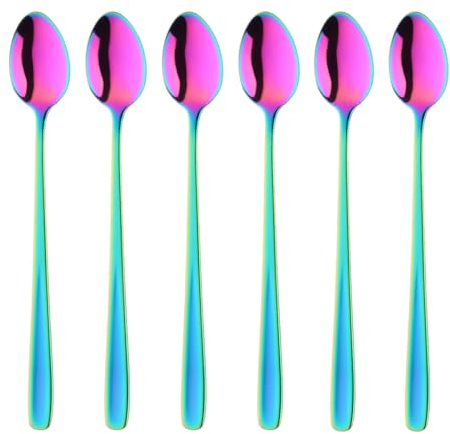 SBOMHS Lot de 6 cuillères à café latte macchiato en acier inoxydable 18/10 - Long manche - Pour café, cappuccino, dessert - 20 cm - Pour café au lait Nutella - Grandes cuillères à yaourt (arc-en-ciel)