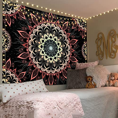 Yugarlibi Mandala Wandbehang Wandteppich Indisch Böhmisch Hippie Wandtuch Wand Deokration Rosa Lotos Tapisserie Ästhetisch für Zimmer Wohnheim Schlafazimmer, 150x150cm