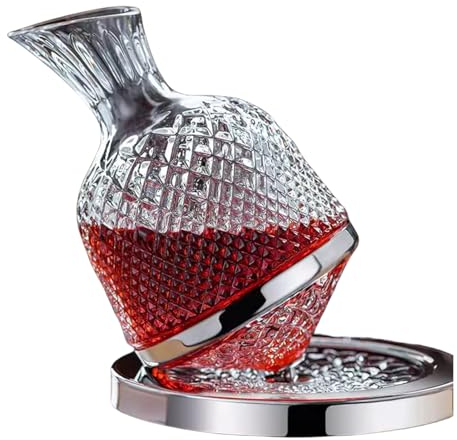 Dekanter Rotwein, 360° Drehbar Gold 1.5L Weinkaraffe mit Sockel, Bleifreies Kristall Glas Schnell Weindekanter, Handgeblasenes Dekantierflasche, Tolles Geschenk für Weinliebhaber (Silber)