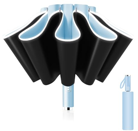 Pioggistar Ombrello Inverso Automatico, Ombrello Pieghevole Antivento, Ombrello Grande da Pioggia 10 Stecche Rinforzate per Uomo e Donna, Diametro 105cm, Azzurro