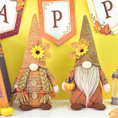 ACAREY Herbstdeko Wichtel, 2 Stück Herbst Dekoration Wichtel Figuren mit Ahornblatt Kürbis Deko, Herbstdeko Zum Aufhängen Plüsch für Erntedankfest Weihnachten Baum Tisch deko