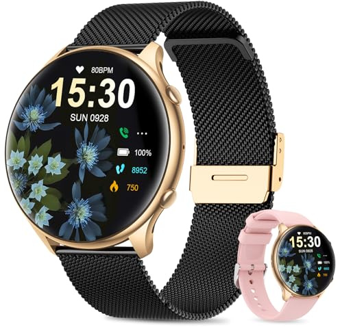SLOKSFil Montre Connectée Femme Ronde avec Tension Artérielle/Sommeil Moniteur/Cycle Menstruel/Fréquence Cardiaque/Podometre, 1,39 Smartwatch avec Appel Bluetooth pour iOS Android (Noir Rose Or)