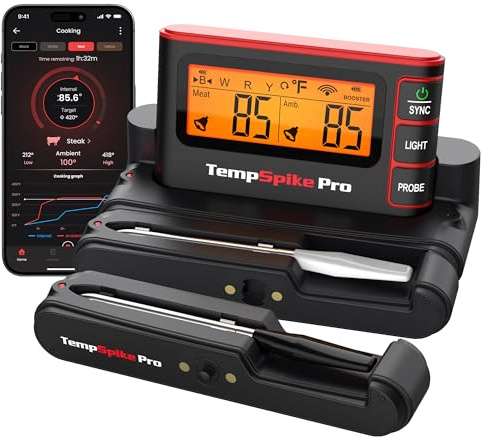 TempSpike Wireless Meat Thermometer Digital with App, WiFi & Bluetooth BBQ Grill Thermometer with High Precision, Waterproof & Heat-Resistant Probes, Rechargeable Base with Display for BBQ Smoker Oven
