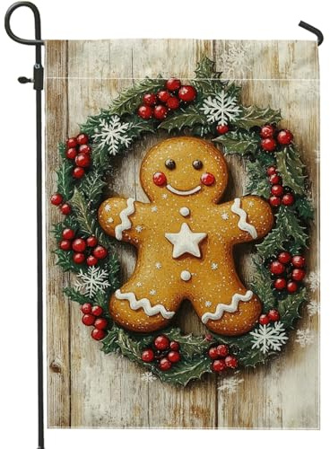 Bandera de jardín de hombre de jengibre de granja, banderas de decoración de corona de acebo marrón, bandera de arpillera de doble cara para celebración de invierno, letrero de Navidad al aire libre