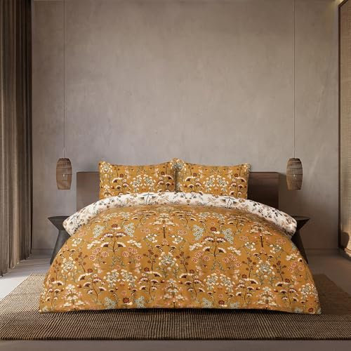 Sleepdown Folk Floral Mustard Duvet Set, Super Soft, Reversible Design Single Duvet Cover (135 X 200 CM), Button Fastening, 100% Polyester Microfibre Bedding Set with Pillowcase