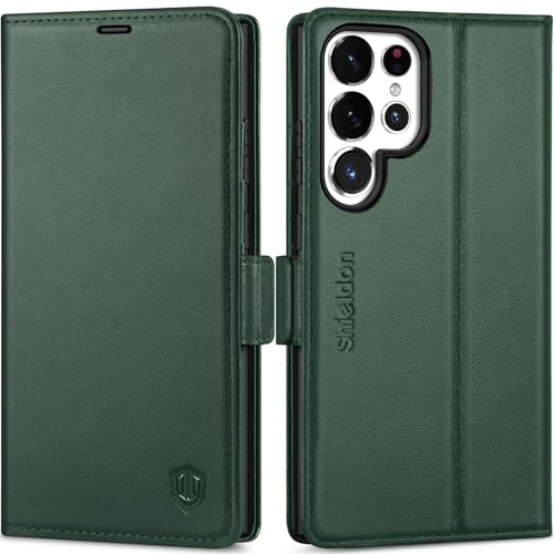 SHIELDON Hülle für Galaxy S25 Ultra 5G, Lederhülle [Echtleder] [4 Kartenfächer] [RFID Blocker] [Ständer] Stoßfest Magnetisch Cover Klapphülle Kompatibel mit Galaxy S25 Ultra 2025 6,9 - Nachtgrün