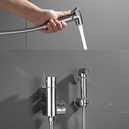 Thermostatventil mit ABS-Schlauchsprüh-Set, Doppelsteuerung, Chrom-Finish, Handmischer, Bidet-Duschsprüh-Set, Messingkonstruktion, einstellbarer Wasserdurchfluss und Temperatur 20 bis 48 ℃