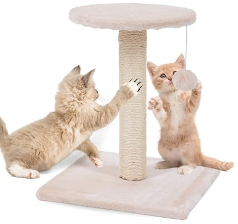 ULTINESS Kratzbaum Coco für Katzen, platzsparend, Katzenmöbel mit | Katzenspielzeug, Kratzpfosten mit Sisal-Kratzfläche, Spielball, Mini Kratzbaum beige mit Plüsch für kleine Rassen & Kitten