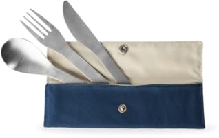 Qwetch - Set de 3 Couverts en Inox & Pochette Textile Coton Bio- Ensemble de couverts Lunch Box, Lavable au Lave Vaisselle, pour Bureau, Pique-Nique, Camping, Voyage (Bleu Nuit)