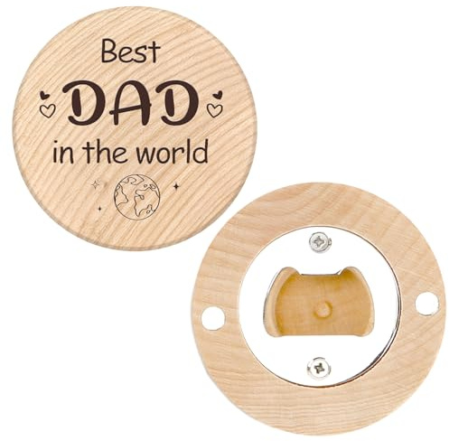 Fathers Day Gift for Dad Beer Bottle Opener Wooden Dad Birthday Gifts for Daddy Step Dad Husband Male from Son Daughter Children Kid Wife Anniversary Present Engraved Gift Bar Accessories