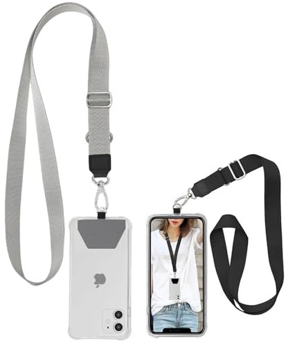 2Pcs Universal Mobile Phone Chain,Adjustable PhoneLanyard Neck Strap with 2 Adhesive Tethers,Lanyard Mobile Phone Neck Strap Compatible with Most Smartphones with Full Coverage Case(Grey+Black)