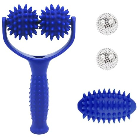 BORISCA Massageroller mit Griff, Igelball Massageroller Auswechselbare Massage Roller mit 3 Igelball Massageball und 2 Igelball Massage Silber, Selbstmassagerolle für Beine Rücken Arme Muskelschmerze