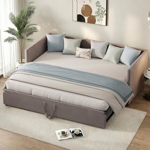 SHAODENG Tagesbett 90/180x200 cm mit Gästebett, Ausziehbett Gleiche Höhe, Bett Ausziehbar zum Doppelbett, Schlafsofa für Erwachsene 2 Personen, Schlafcouch mit Lattenrosten und Rückenlehne, Grau