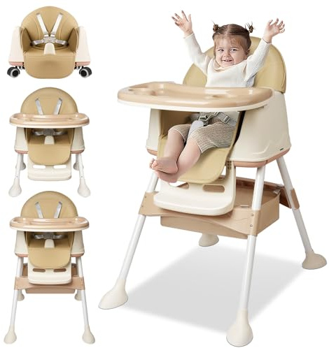 Chaise haute pour bébé avec 5 roulettes, sac inclus, chaise haute réglable, planche à manger amovible, ceinture de sécurité 5 points, de 6 mois à 6 ans, peu encombrante et mobile, beige