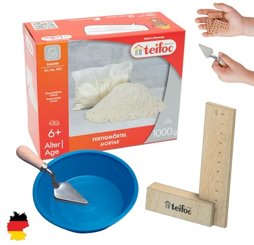 Teifoc Bastelset - Maurerkelle, Mörtelschale, 1 kg Mörtel und Anlegewinkel | Bastelset für Mädchen und Jungen, Basteln Kinder 4 5 6 Jahre, DIY Set Kinder, wasserlöslicher Spielmörtel, Mini Mörtelkelle