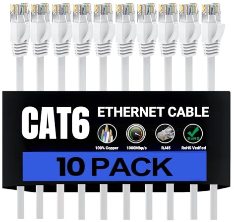 HUGIN Cat 6 Ethernet Cable 5m 10 Pack, Flat High Speed 1000Mbp/s Network Cables with Durable RJ45 Gold-Plated Connectors, Outdoor&Indoor, for Router, Modem, PS4/5 (5 Meter, 10 Pack)