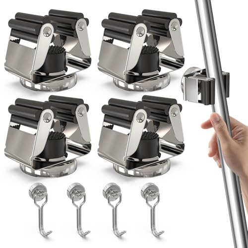3-H 4 Stück Magnetischer Besenhalter, Gerätehalter Besenhalterung (Silber) | Edelstahl Wandaufhängung für Gartengeräte Besen,mit 4 zusätzlichen Minimagnethake für Küche Badezimmer Garage Garten Zuhause
