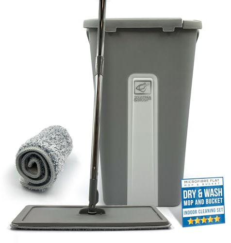 Flat Mop and Bucket Set with 360° Swivel Head, 2 Microfibre Mop Heads, Built In Bucket Wringer & Scraper, Easy to Use Mops for Cleaning Floors in Bathroom, Kitchen, Wood, Tile, Laminate