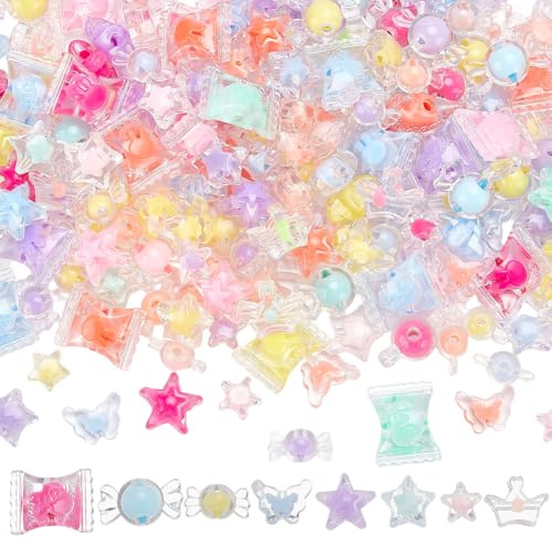 BEAMARKER 240 st Kawaii akryl godisrosett stjärna krona fjärilspärlor blandade former och färger klara söta pärlor liten berlock för smyckestillverkning armband halsband hårband och