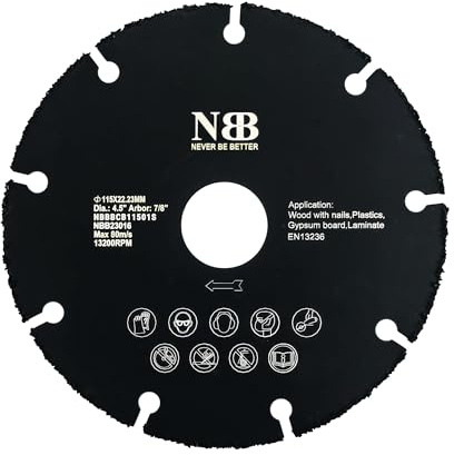 NBB Disco da taglio in carburo per tagliare legno con chiodi laminati plastica e cartongesso profili in alluminio sega in carburo lama in carburo di tungsteno per smerigliatrice (1, 115mm)