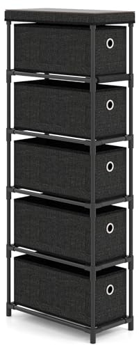 GIANTEX Nischenregal 19 cm mit 5 Stoff-Schubladen, Schmale Kommode mit Schubladen mit Metallrahmen & Holzplatte, Schubladenschrank für Flur, Schlafzimmer, Wohnzimmer, 19x40x100 cm (Schwarz)