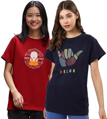 Bewakoof Boyfriend Fit grafisk T-shirt med halv ärm och rund hals för kvinnor 2-pack T-shirt i ren bomull, Blazer röd och marinblå 1500854, XS