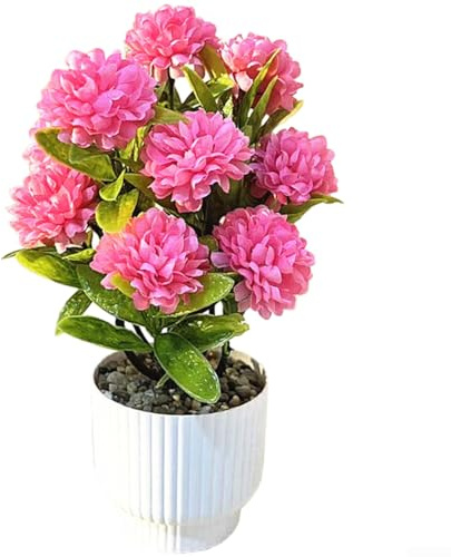 Bola artificial de simulación de crisantemo con flores de seda y maceta de plástico para uso como decoración de mesa e interior (rojo rosa)