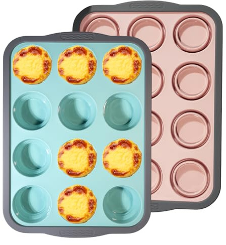 Valyrane 2 Piezas Muffin Tray – Molde de Silicona para 12 Magdalenas, Molde Silicona con Estructura Metálica, Para Magdalenas, Cupcakes, Brownies y Pudines