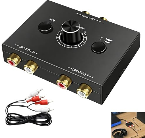 RCA Audio Switcher, 2(1)-In-1(2)-Out Bidirectional RCA Switch Box,RCA Speaker Switch with Volume Control Mute Button Compatible with DVD Player Soundbar Speaker for Home Theater Audio Setup