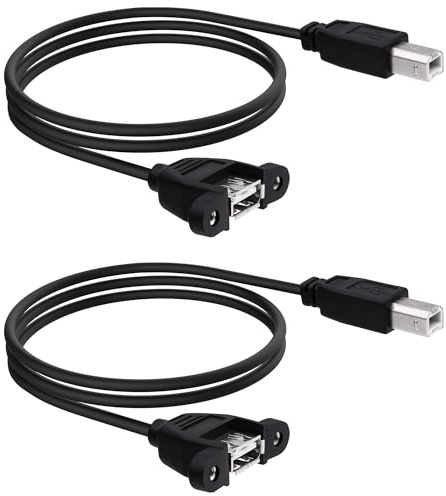 YARCHONN USB 2.0 uttag skrivarkabel adapter typ B kontakt till USB A-uttag skrivare skanner förlängning datakabel med panelfäste skruvhål för PC faxmaskin MIDI piano -1 m – 2 st