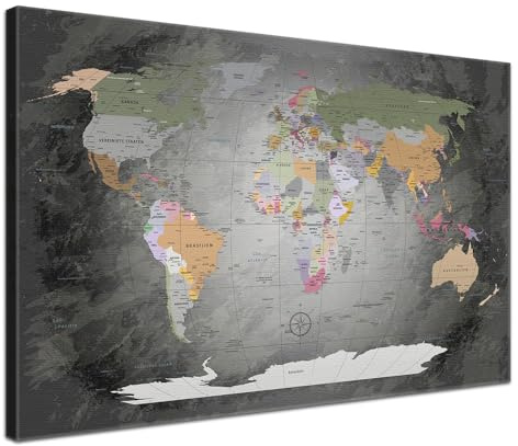 Stilvolle Pinnwand Weltkarte - Edelgrau - Deutsch in 120 x 80 cm, stabile Rückwand zum Pinnen inkl. Starterkit - Leinwand-Kunstdruck Wandbild Landkarte XXL